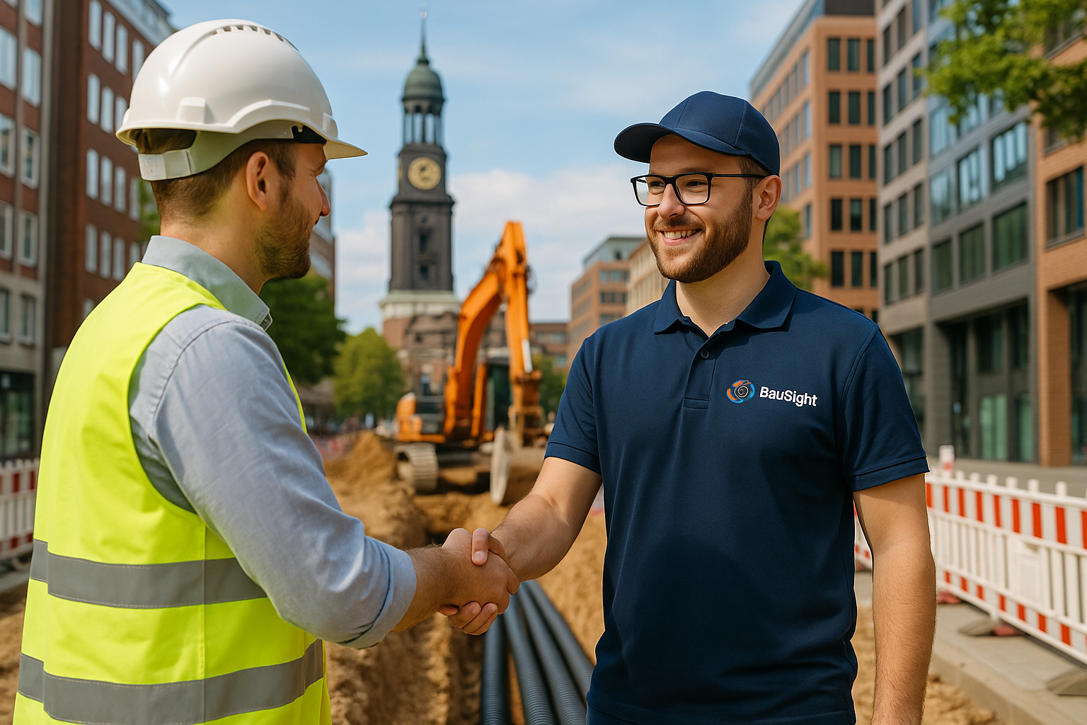 BauSight Mitarbeiter begrüßt Kunden auf Hamburger Baustelle